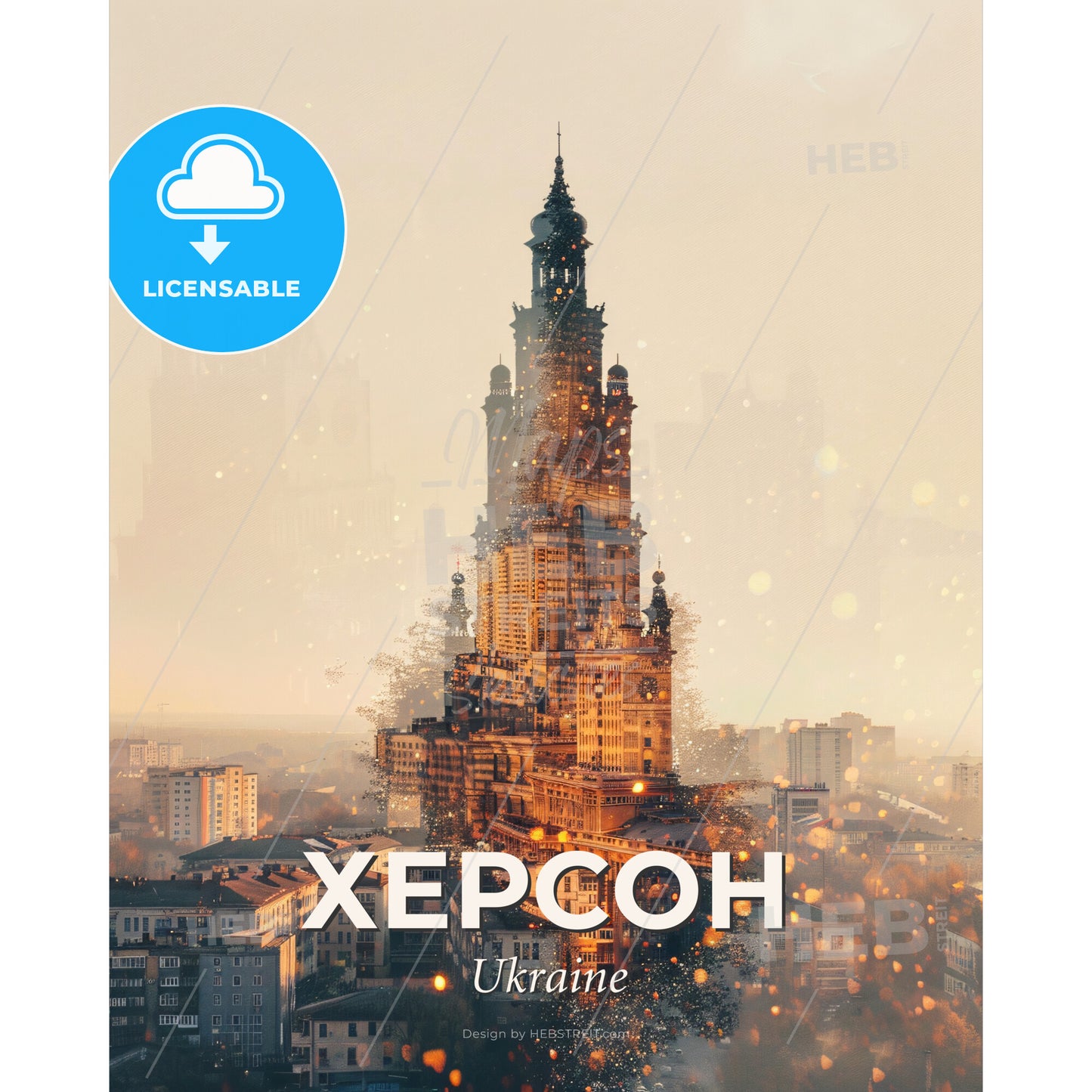 Kherson City Composite Art Poster, Vibrant Hues, Local Landmarks - A city with a tall building - Square format print template