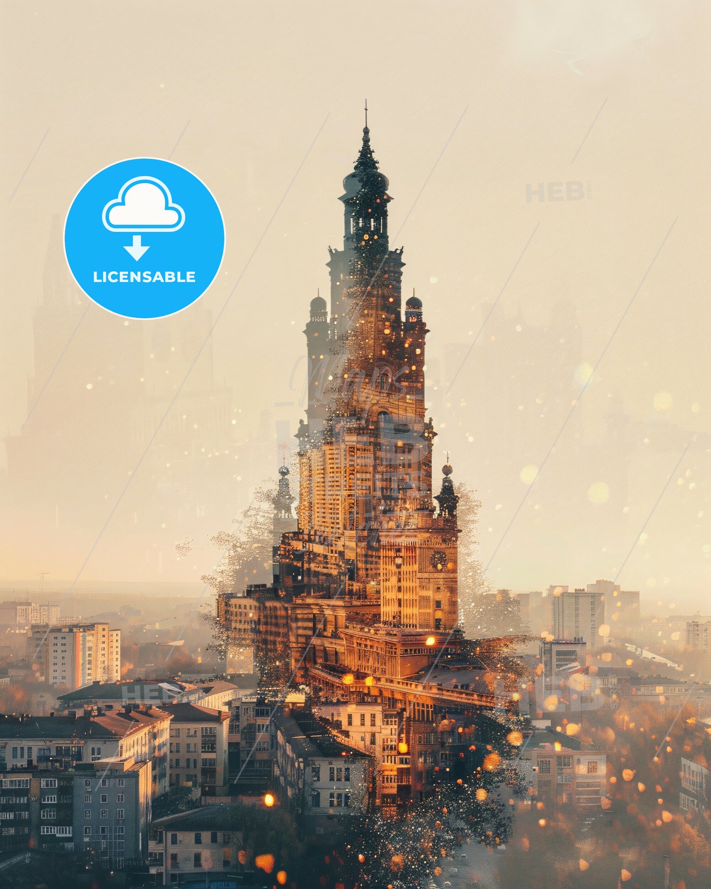 Kherson City Composite Art Poster, Vibrant Hues, Local Landmarks - A city with a tall building