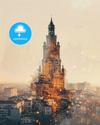 Kherson City Composite Art Poster, Vibrant Hues, Local Landmarks - A city with a tall building