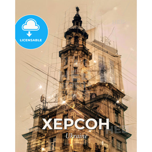 Kherson Skyline Composite Art, Bright Beige - A building with a tower - Square format print template