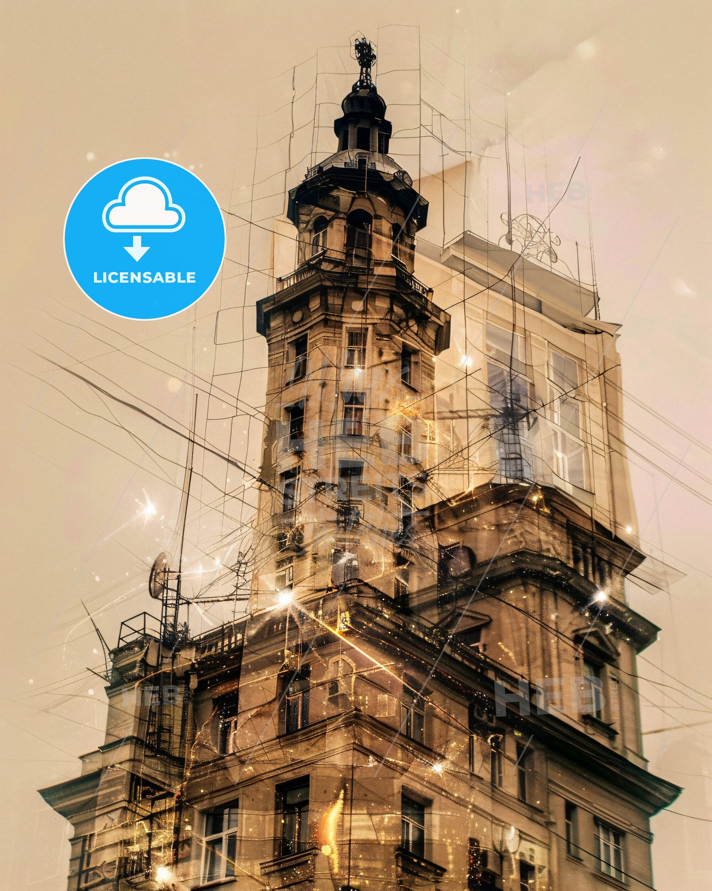 Kherson Skyline Composite Art, Bright Beige - A building with a tower