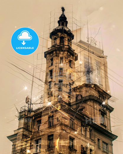 Kherson Skyline Composite Art, Bright Beige - A building with a tower