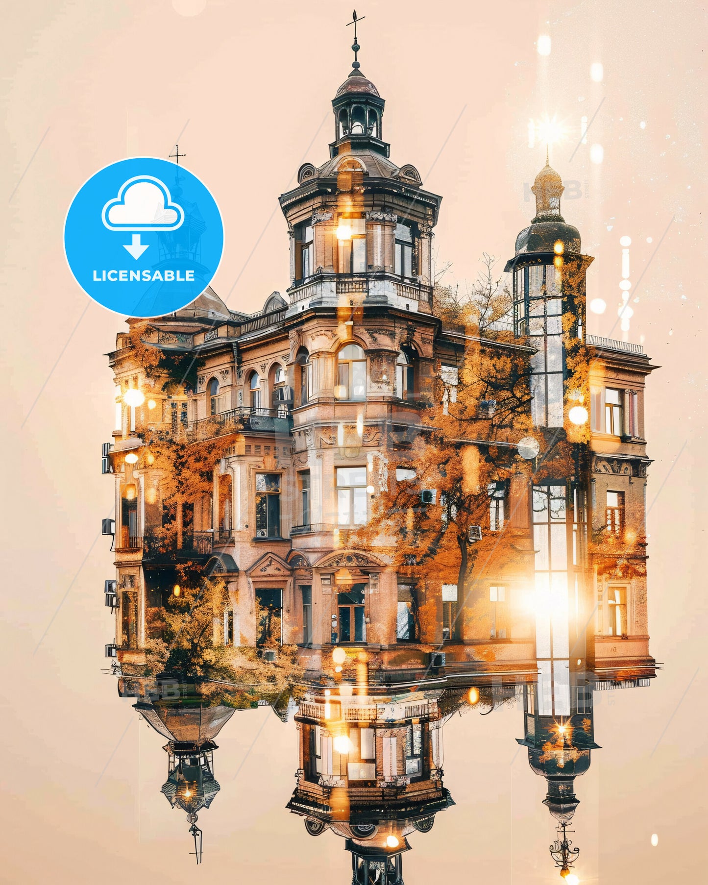 Kherson Skyline Composite Art: Ukrainian City Icons - A building with a reflection of trees
