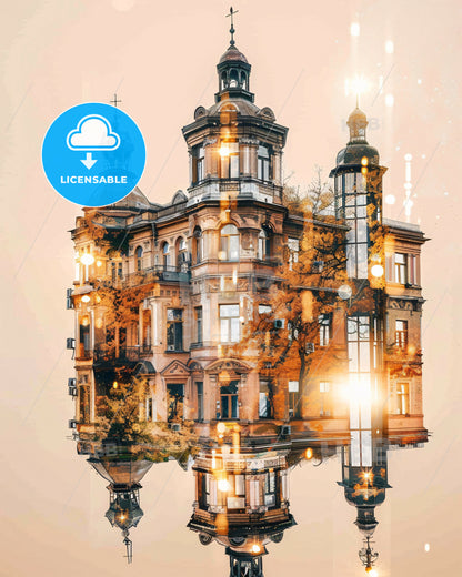 Kherson Skyline Composite Art: Ukrainian City Icons - A building with a reflection of trees