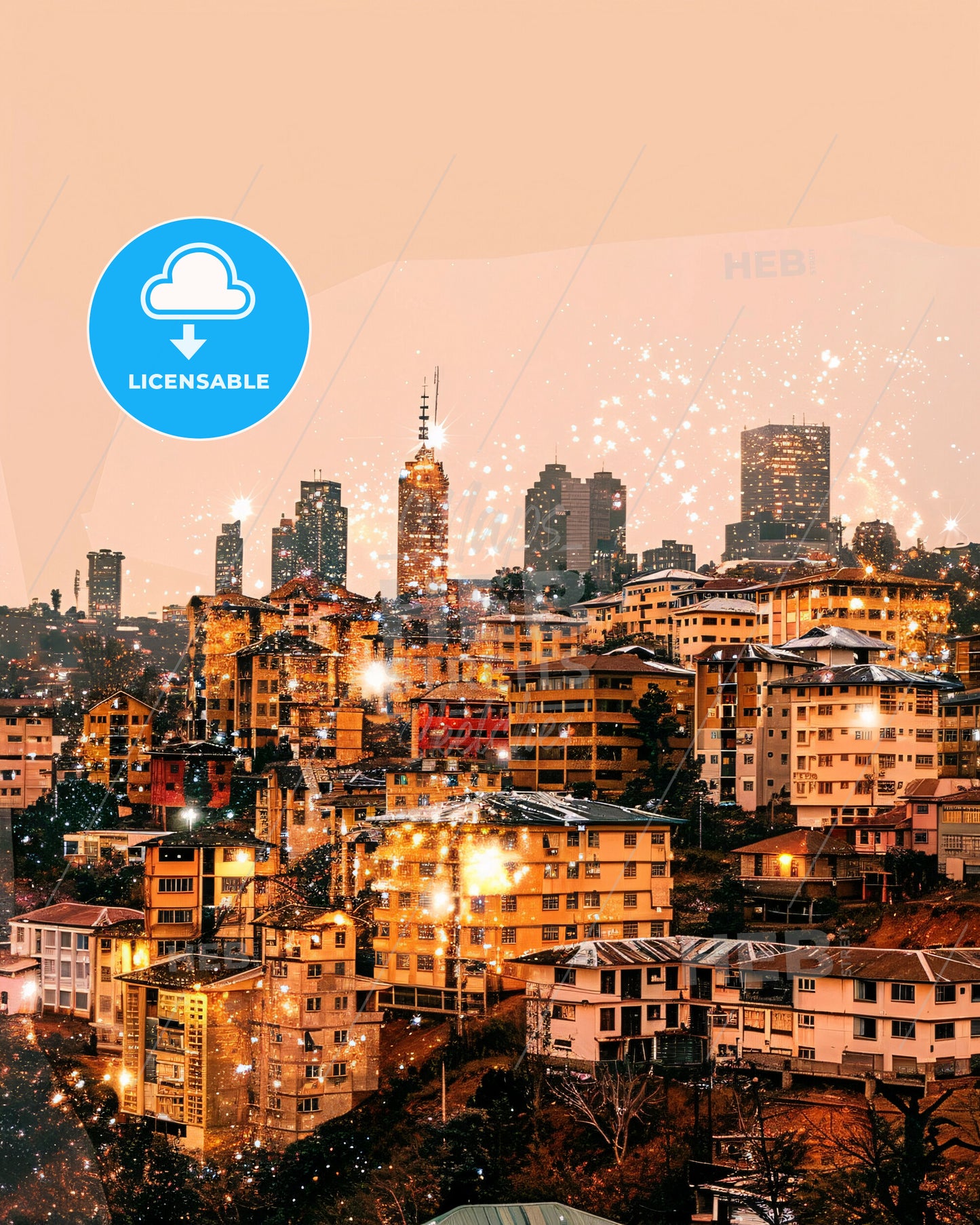 Kigali Skyline: Lights, Architecture, Beige - A city with many buildings and fireworks