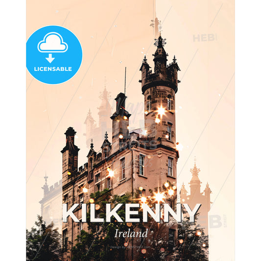Kilkenny Icon Skyline Poster Bright Silhouette - A building with towers and trees - Square format print template
