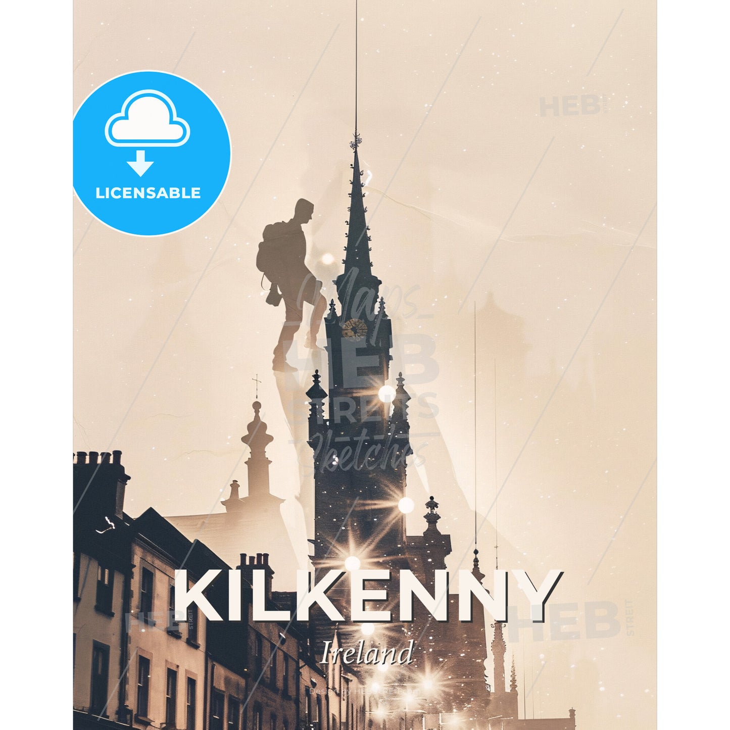 Kilkenny Skyline - Double Exposure Composite Art Poster - A man climbing a tall tower - Square format print template