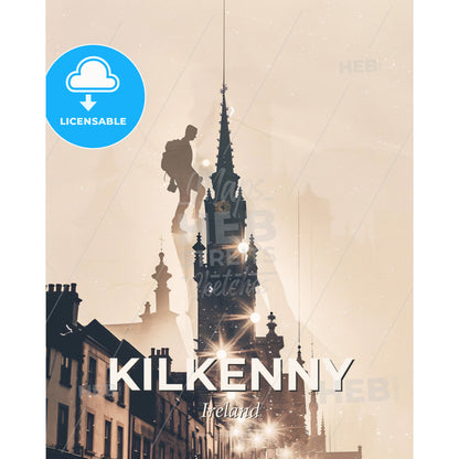 Kilkenny Skyline - Double Exposure Composite Art Poster - A man climbing a tall tower - Square format print template
