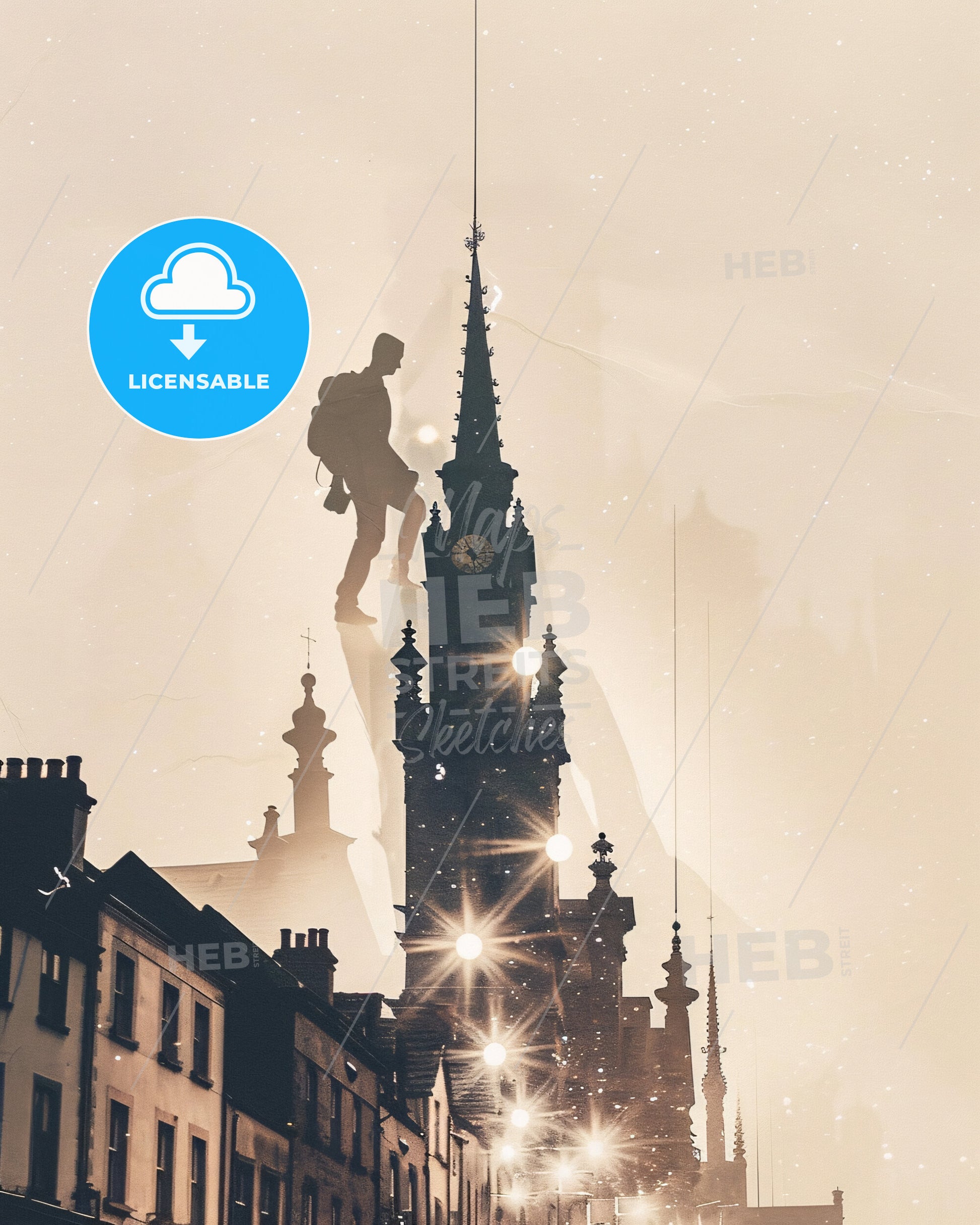 Kilkenny Skyline - Double Exposure Composite Art Poster - A man climbing a tall tower