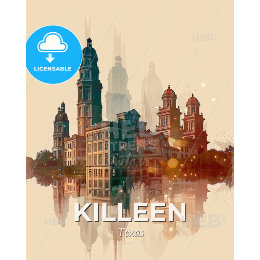 Killeen Texas Cityscape Double Exposure Poster - A city with many towers - Square format print template