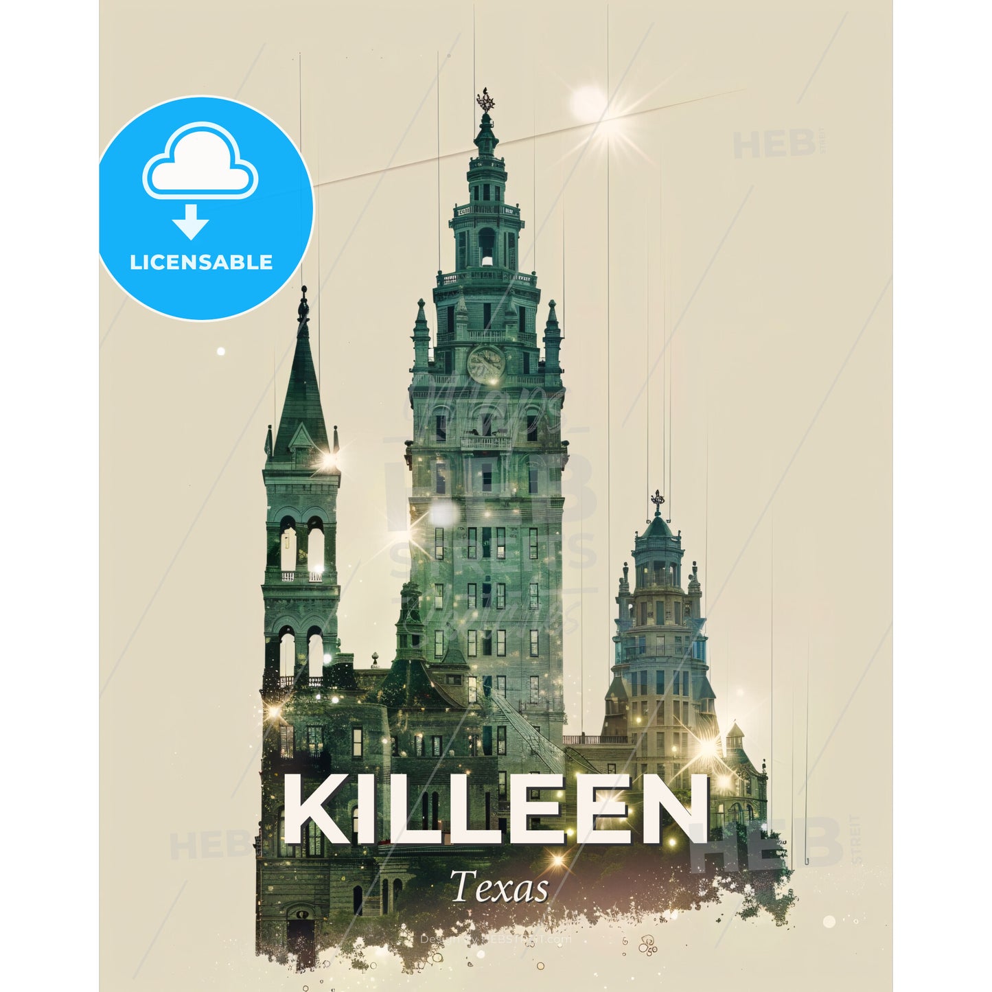 Killeen Skyline Composite Art Poster - Rosenborg Castle with a clock tower - Square format print template