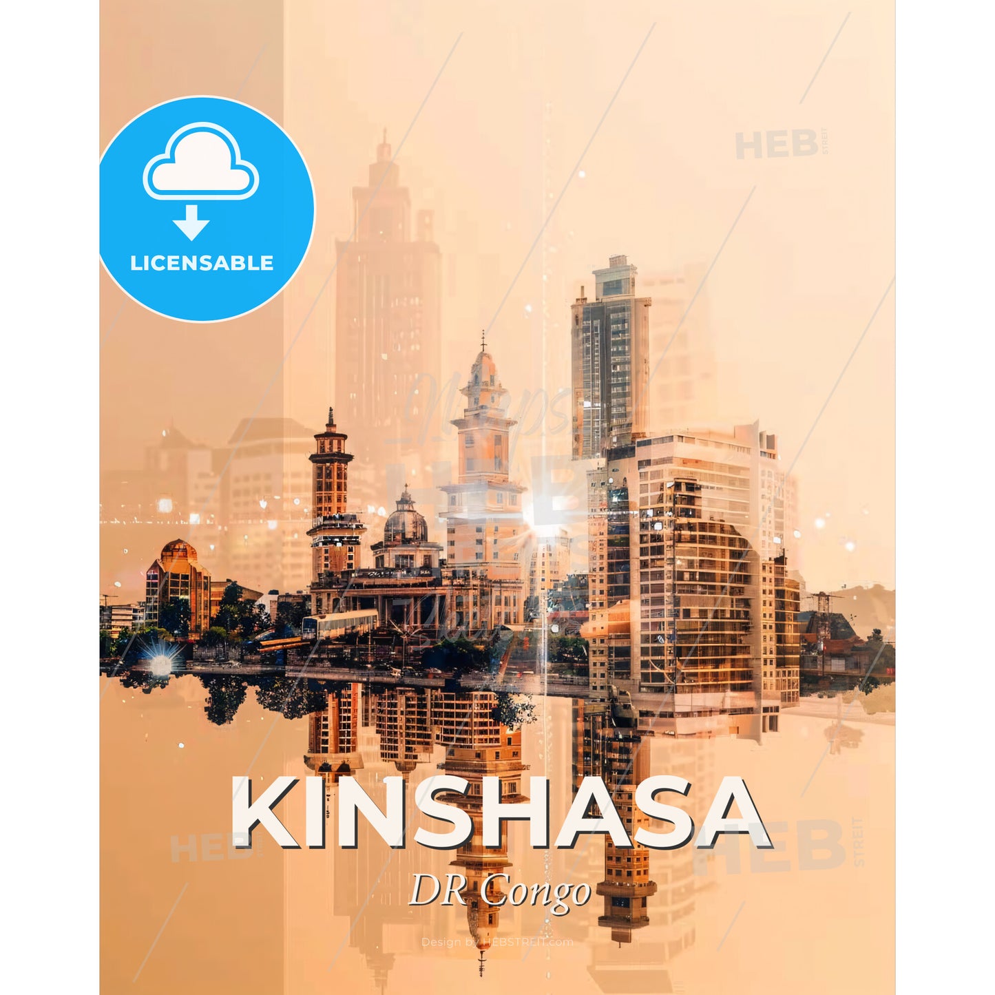 Discover Kinshasa Through the Colors of Light - A city with many buildings reflected in water - Square format print template