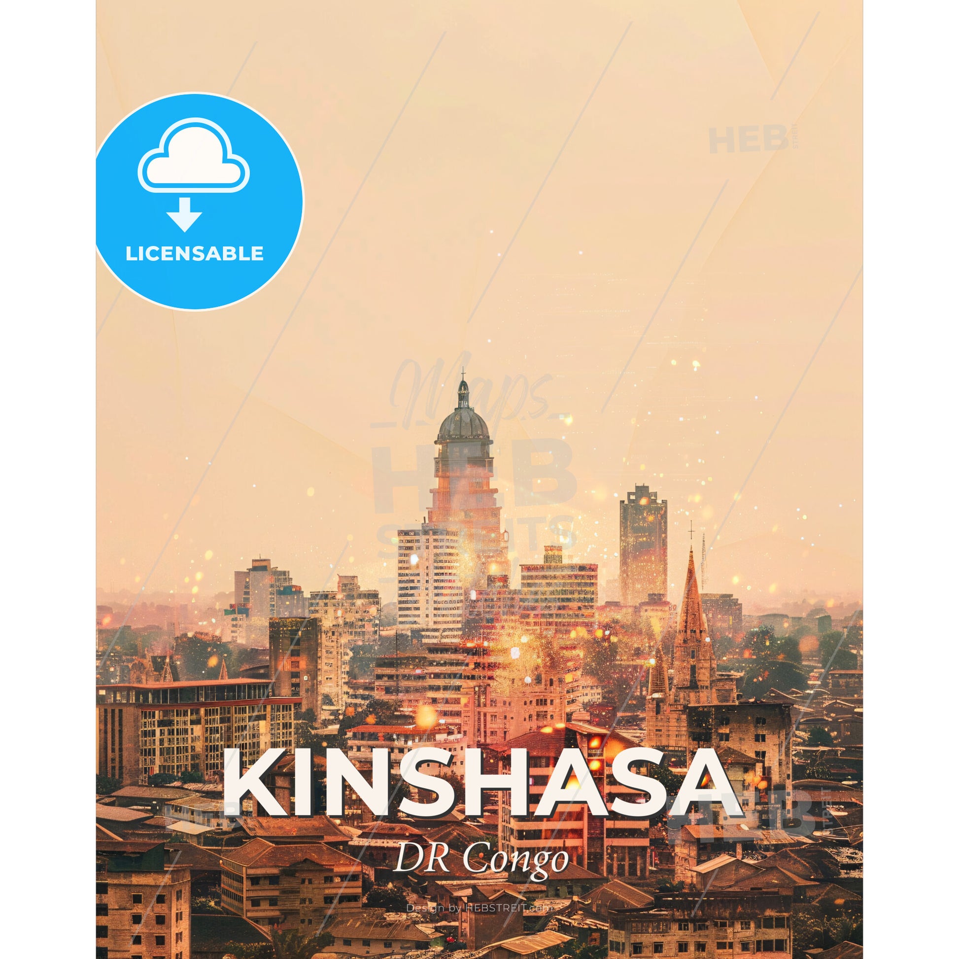 Kinshasa Skyline Double Exposure Art Poster - A city with many tall buildings - Square format print template