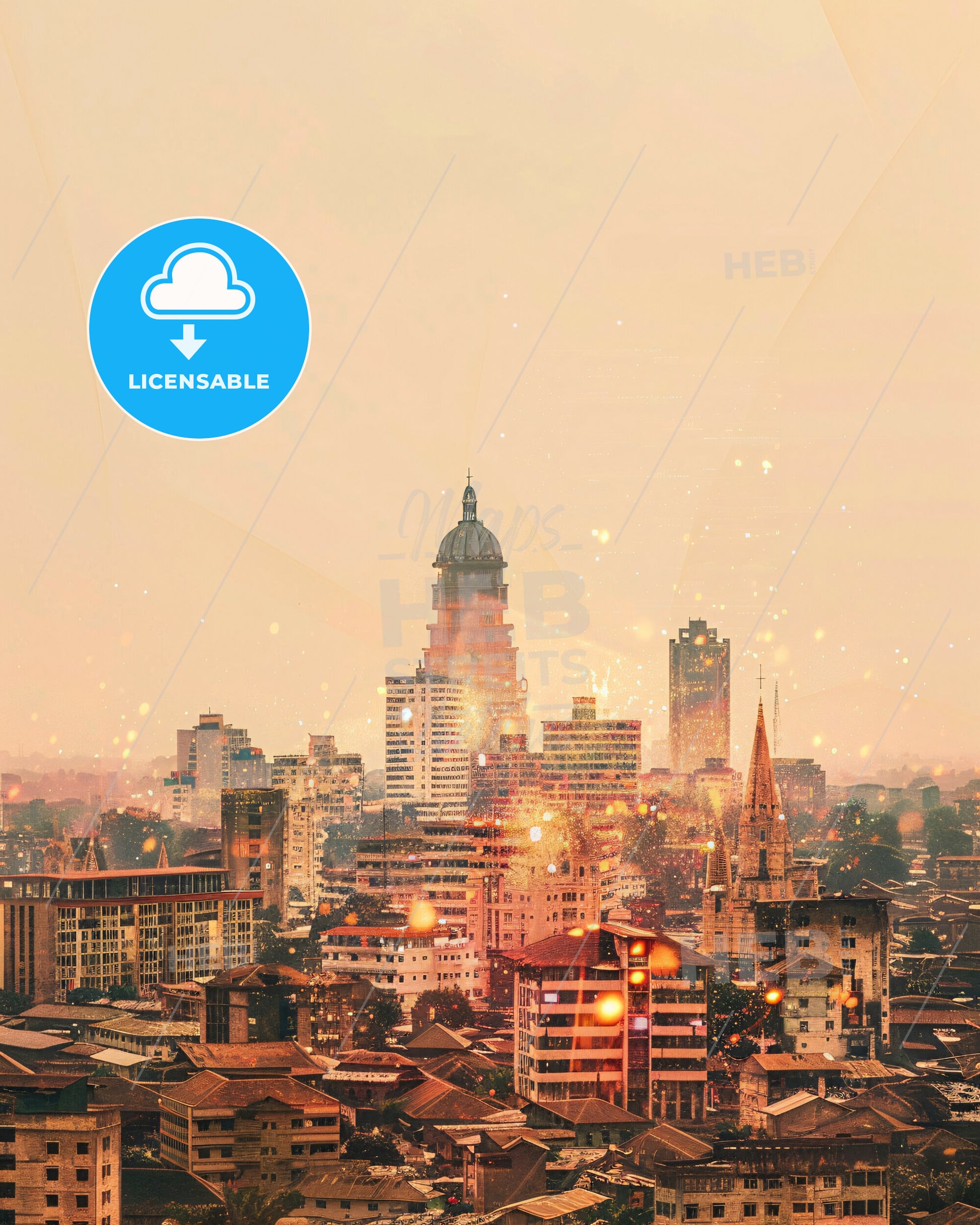 Kinshasa Skyline Double Exposure Art Poster - A city with many tall buildings