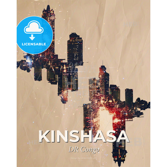 Kinshasa Skyline Double Exposure Artwork - A group of buildings with fireworks - Square format print template