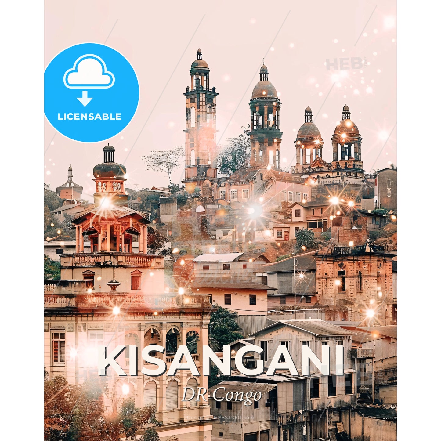 Kisangani Congo Skyline Sparkles Night Art - A city with many buildings and lights - Square format print template