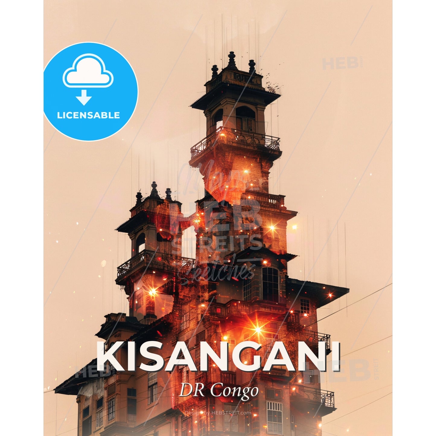 Kisangani Congo Skyline Double Exposure Composite - A building with a tower and fire - Square format print template
