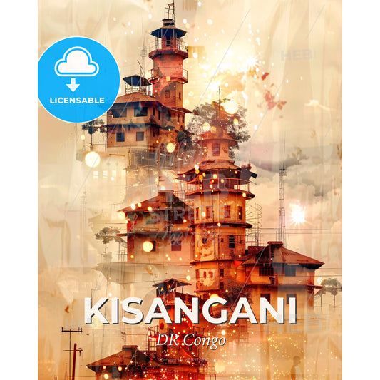 Kisangani City Skyline Double Exposure Composite Art - A building with many towers - Square format print template