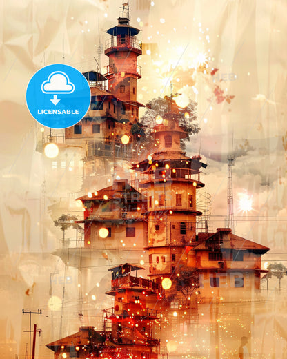 Kisangani City Skyline Double Exposure Composite Art - A building with many towers