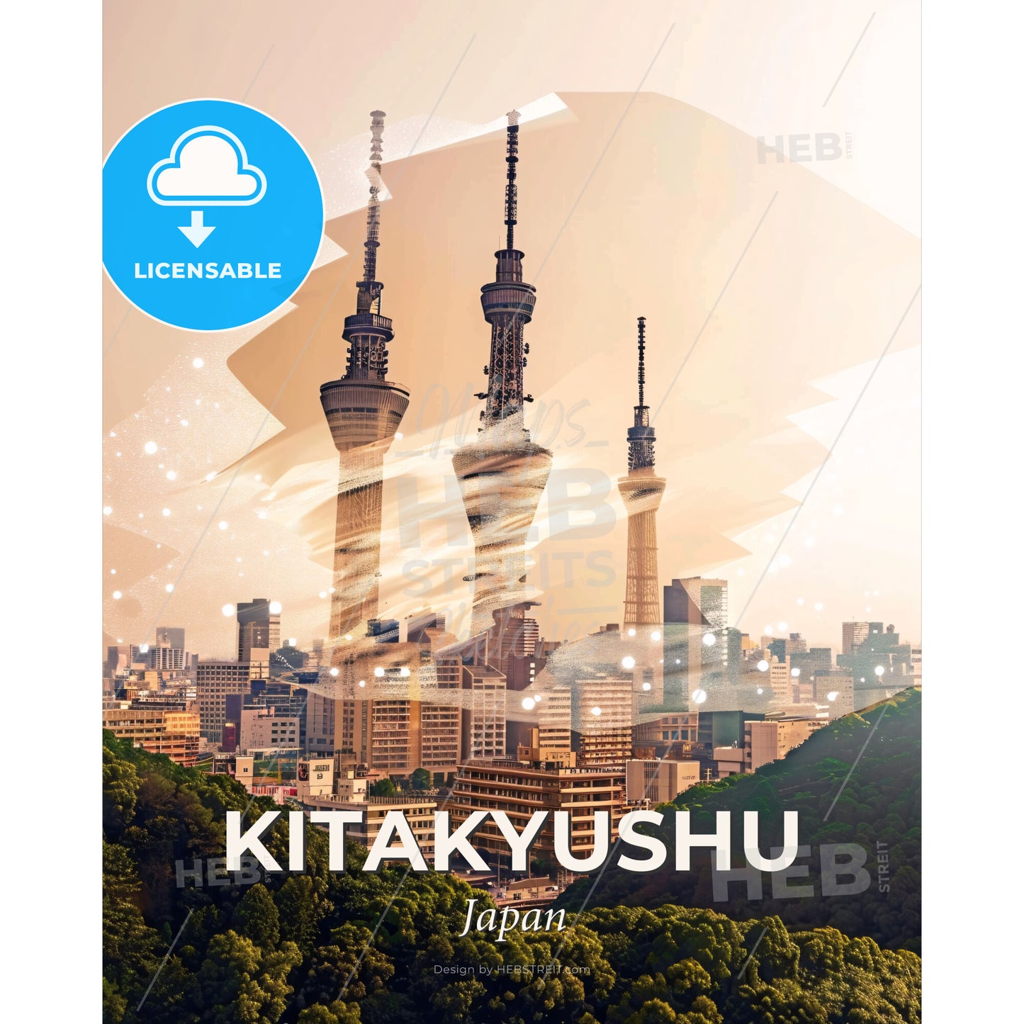 Kitakyushu Skyline Double Exposure Architectural Art - A city with tall towers and trees - Square format print template