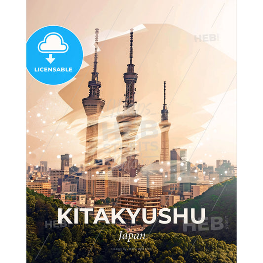 Kitakyushu Skyline Double Exposure Architectural Art - A city with tall towers and trees - Square format print template