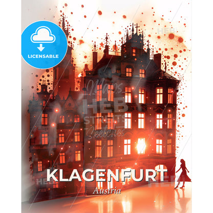 Klagenfurt Skyline Double Exposure Composite Art - A paper cut out of a building with a woman walking - Square format print template