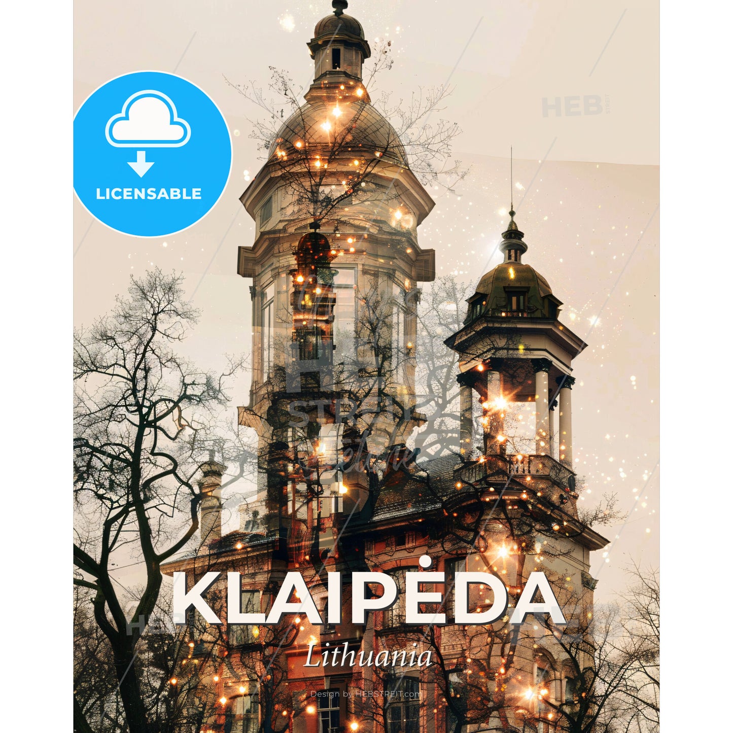 Klaipėda, Lithuania Double Exposure City Skyline Art - A building with a tower and trees - Square format print template