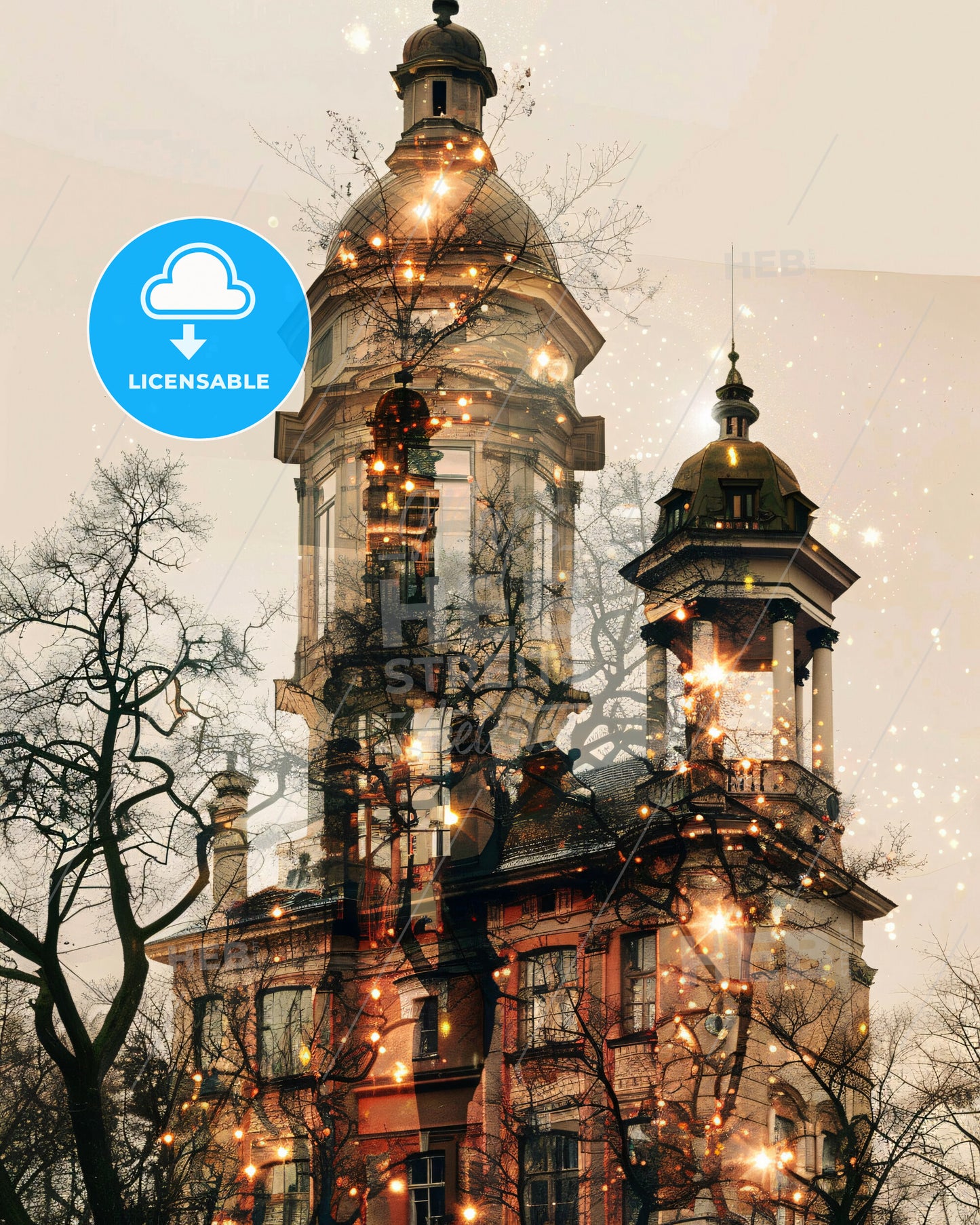 Klaipėda, Lithuania Double Exposure City Skyline Art - A building with a tower and trees