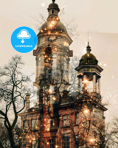 Klaipėda, Lithuania Double Exposure City Skyline Art - A building with a tower and trees