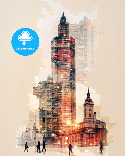 Klaipeda Double Exposure Skyline Art Poster - A city skyline with a tall building