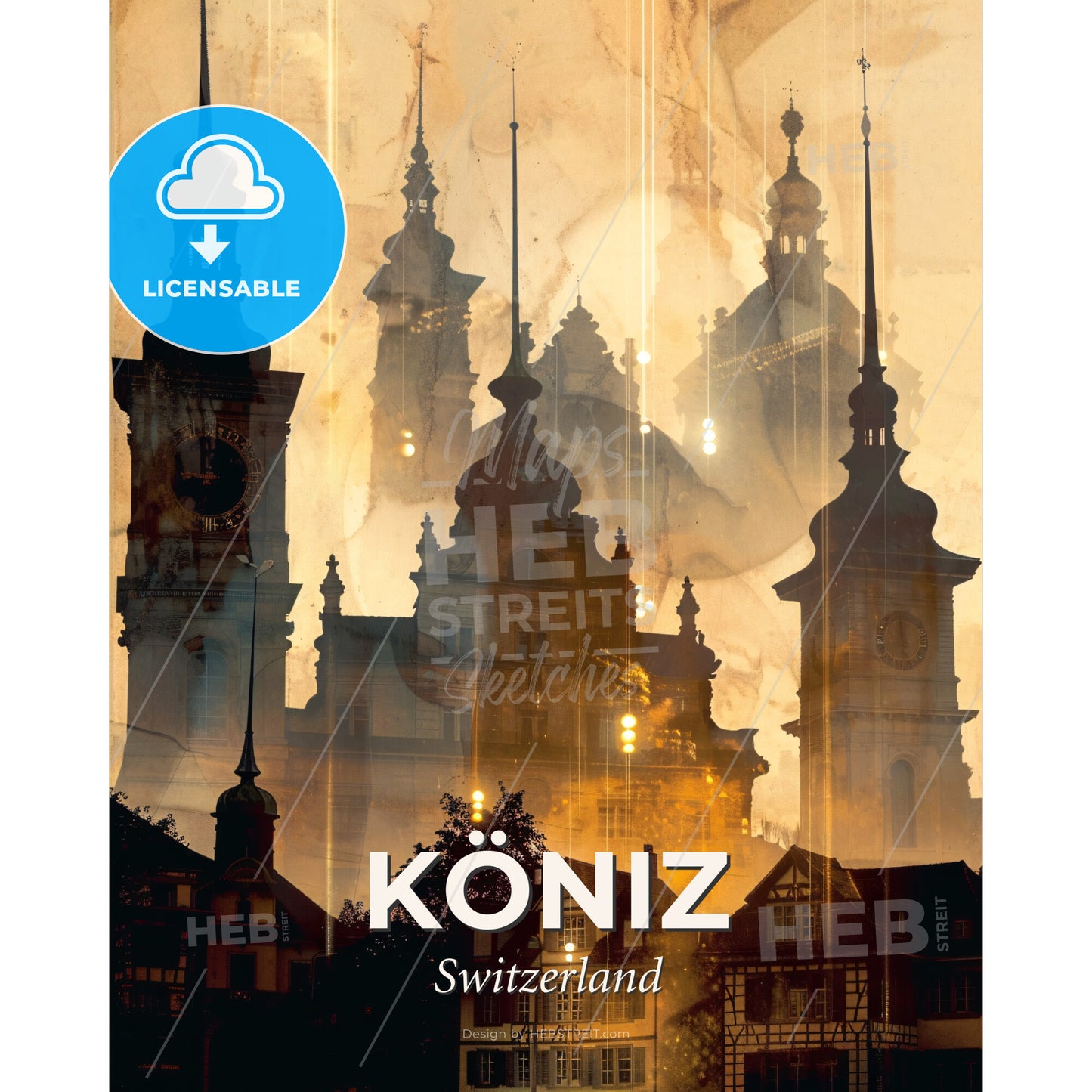 KÃ¶niz Skyline Cityscape Swiss Architecture Beige - A silhouette of a building with towers and a clock - Square format print template