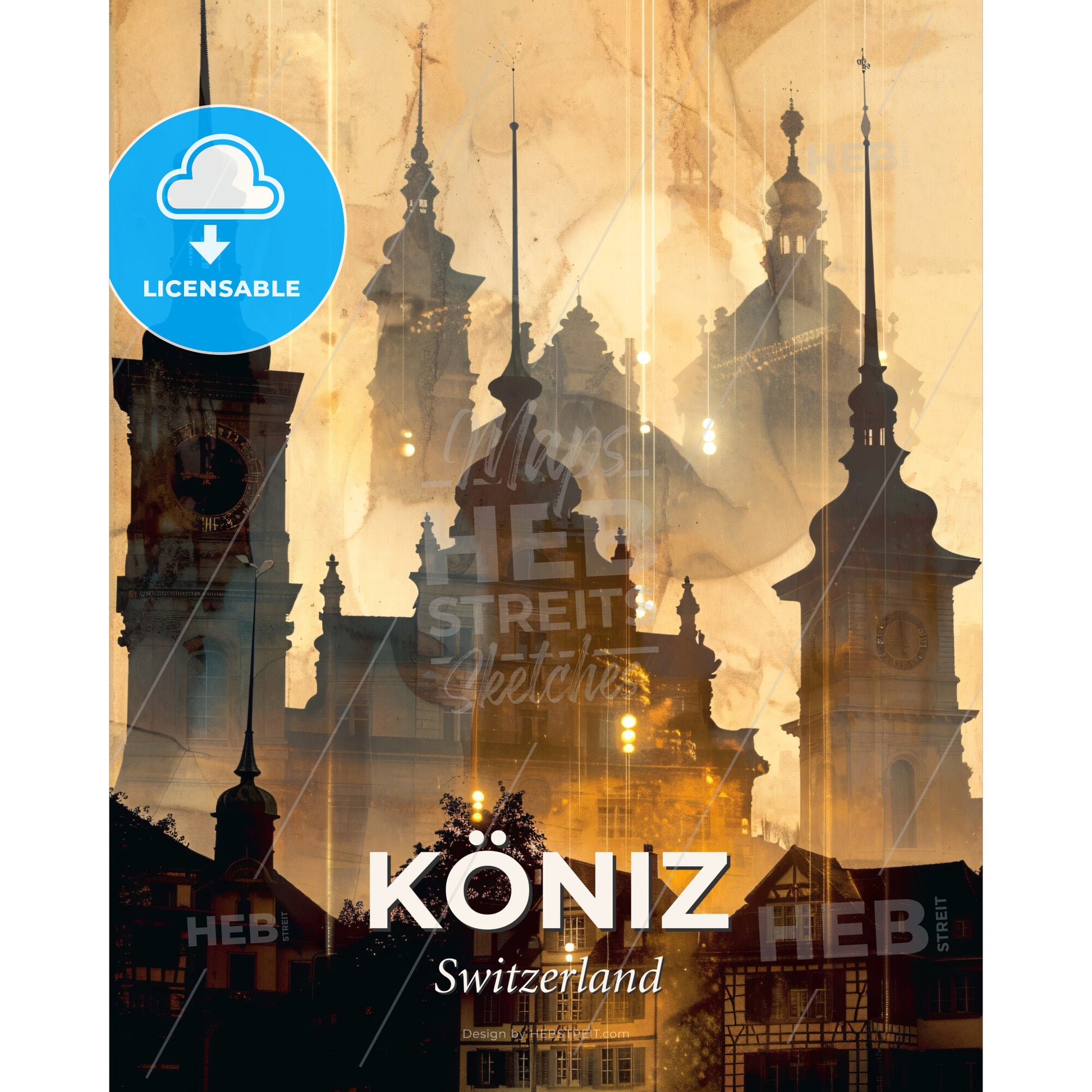 KÃ¶niz Skyline Cityscape Swiss Architecture Beige - A silhouette of a building with towers and a clock - Square format print template