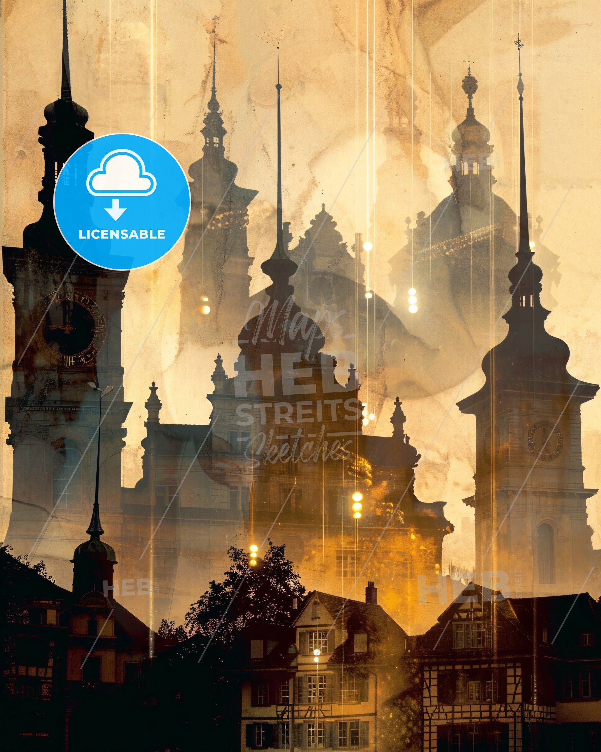 KÃ¶niz Skyline Cityscape Swiss Architecture Beige - A silhouette of a building with towers and a clock