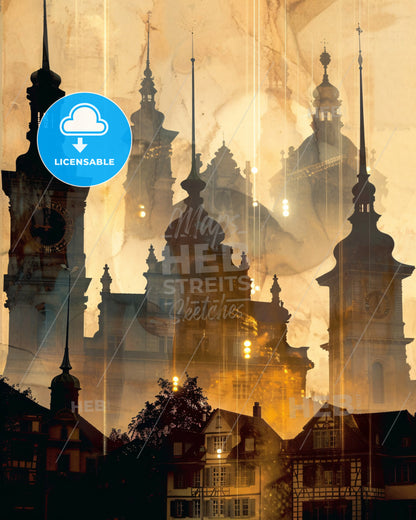 KÃ¶niz Skyline Cityscape Swiss Architecture Beige - A silhouette of a building with towers and a clock