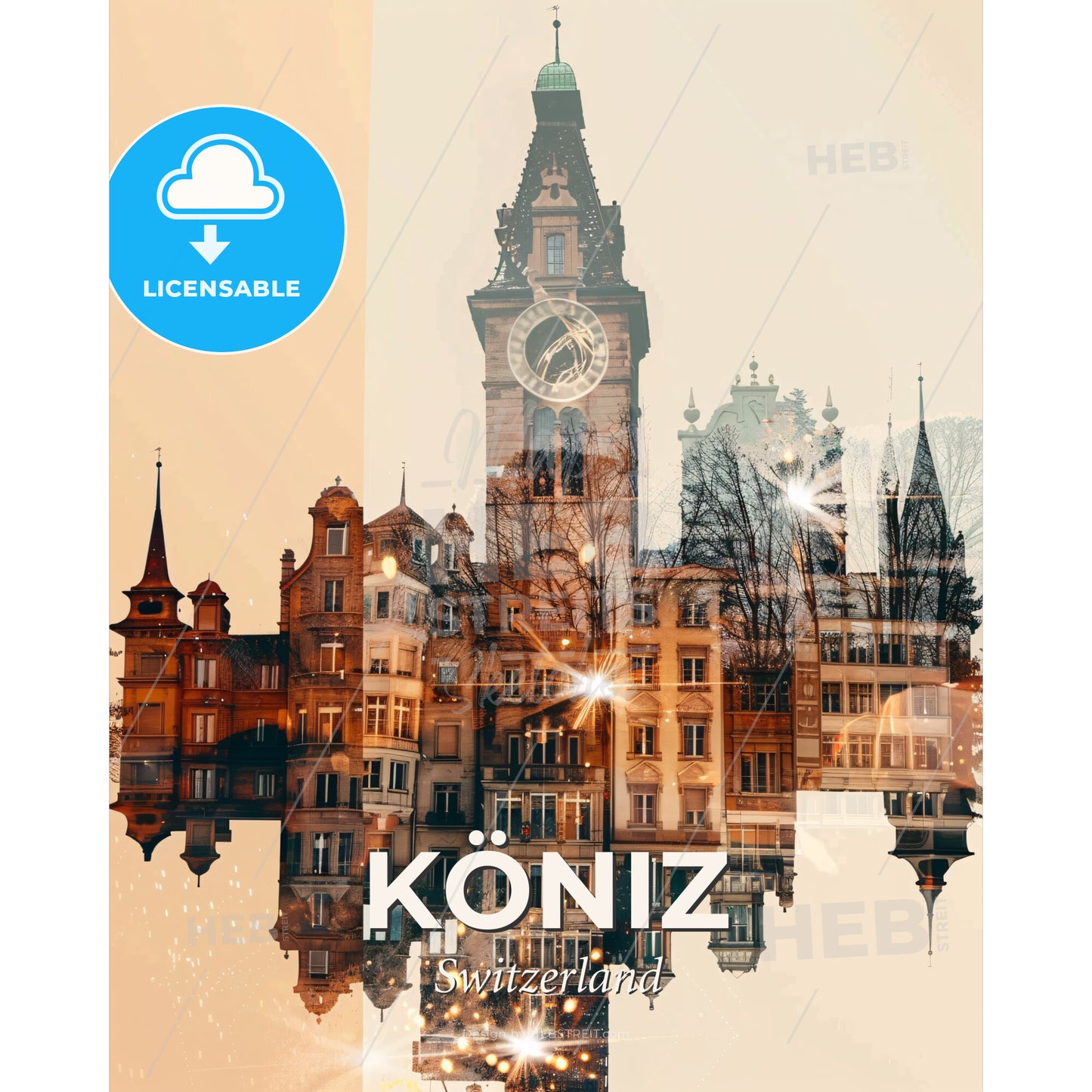 Köniz Skyline Double Exposure Poster Art - A clock tower and buildings - Square format print template