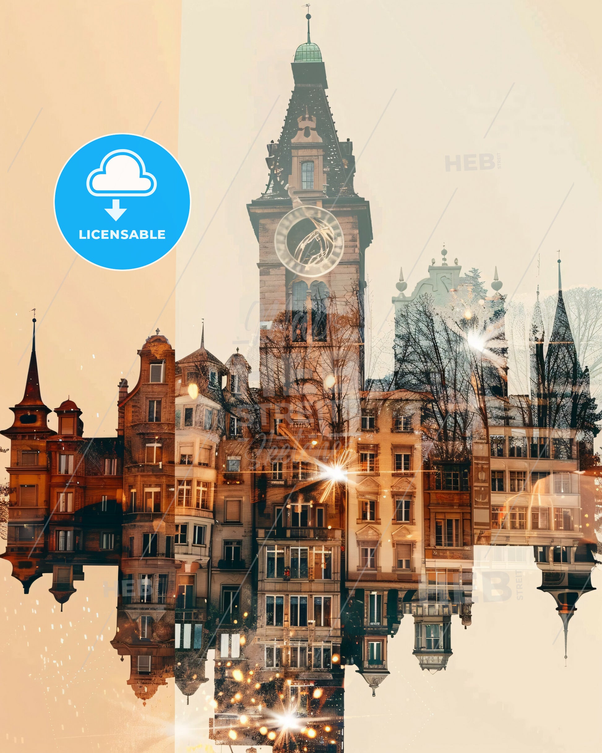 Köniz Skyline Double Exposure Poster Art - A clock tower and buildings