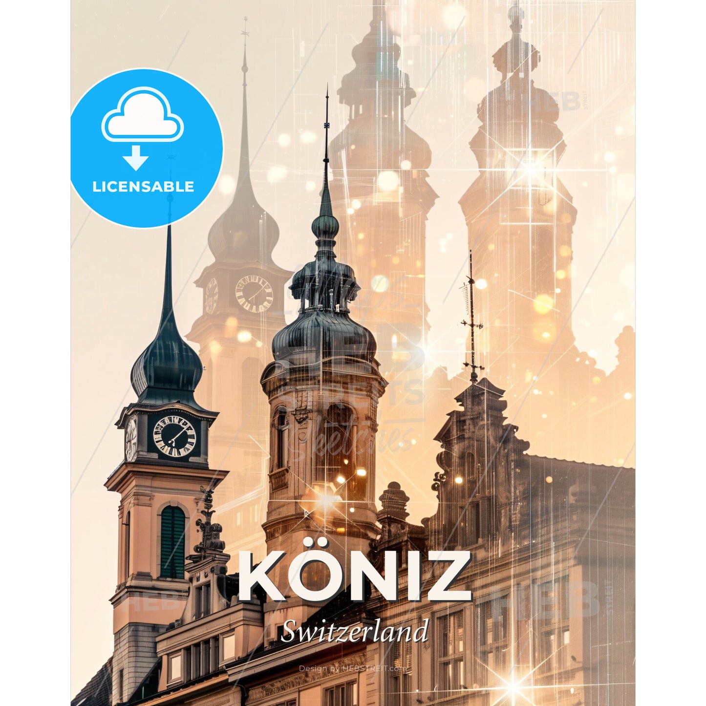 KÃ¶niz Cityscape Art with Swiss Architecture - A building with a clock tower - Square format print template