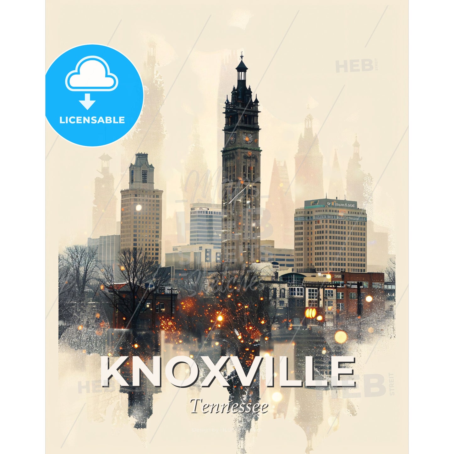 Knoxville City Skyline with Art Deco Icons on Beige - A city with a clock tower - Square format print template