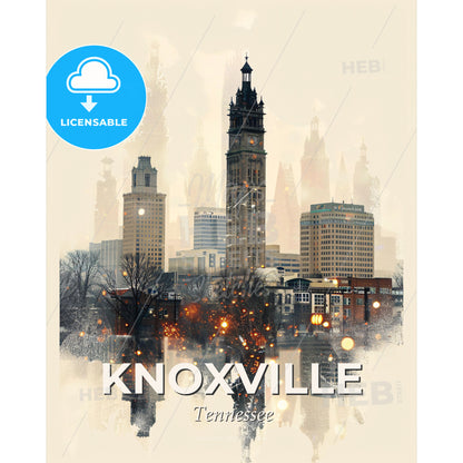 Knoxville City Skyline with Art Deco Icons on Beige - A city with a clock tower - Square format print template