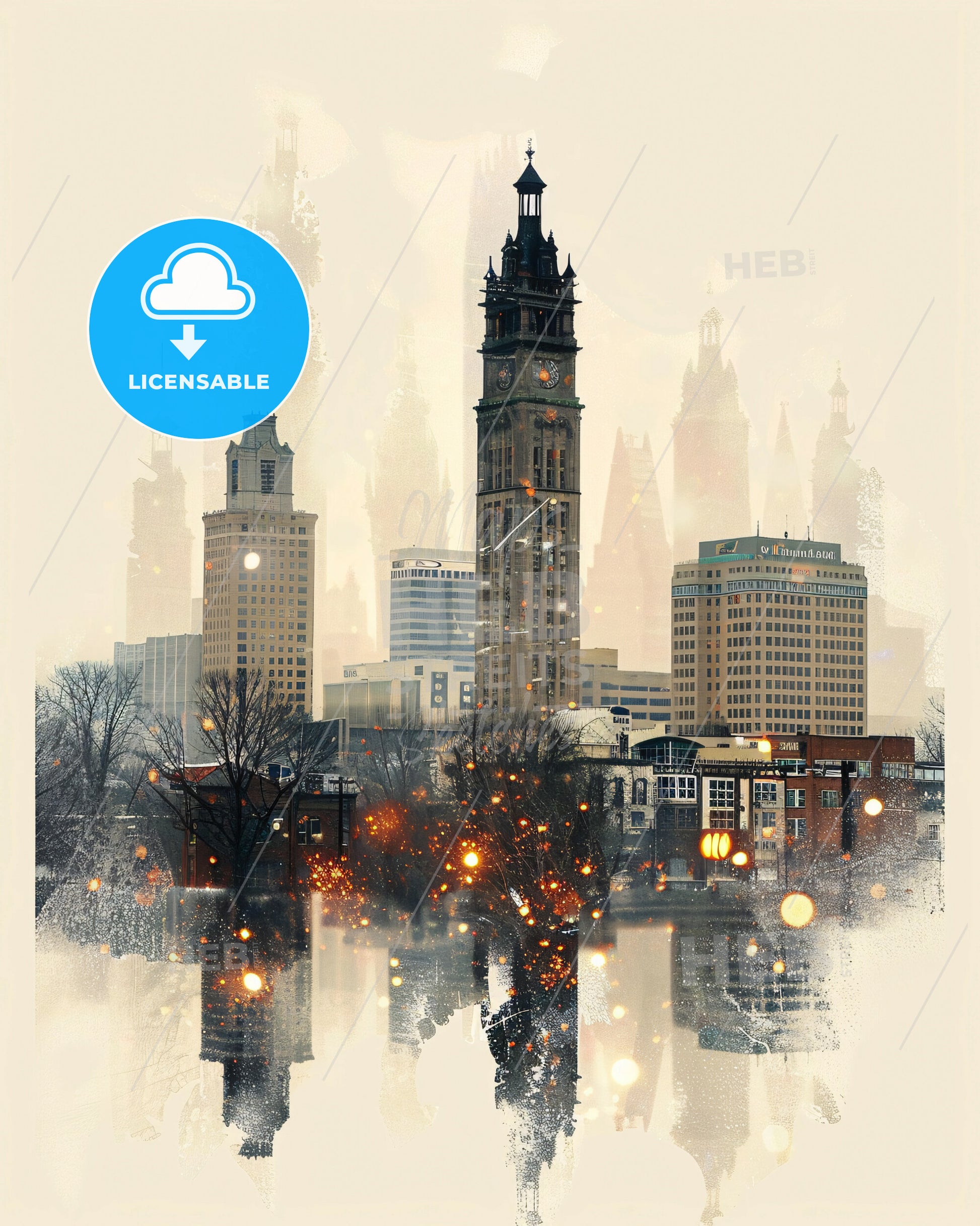 Knoxville City Skyline with Art Deco Icons on Beige - A city with a clock tower