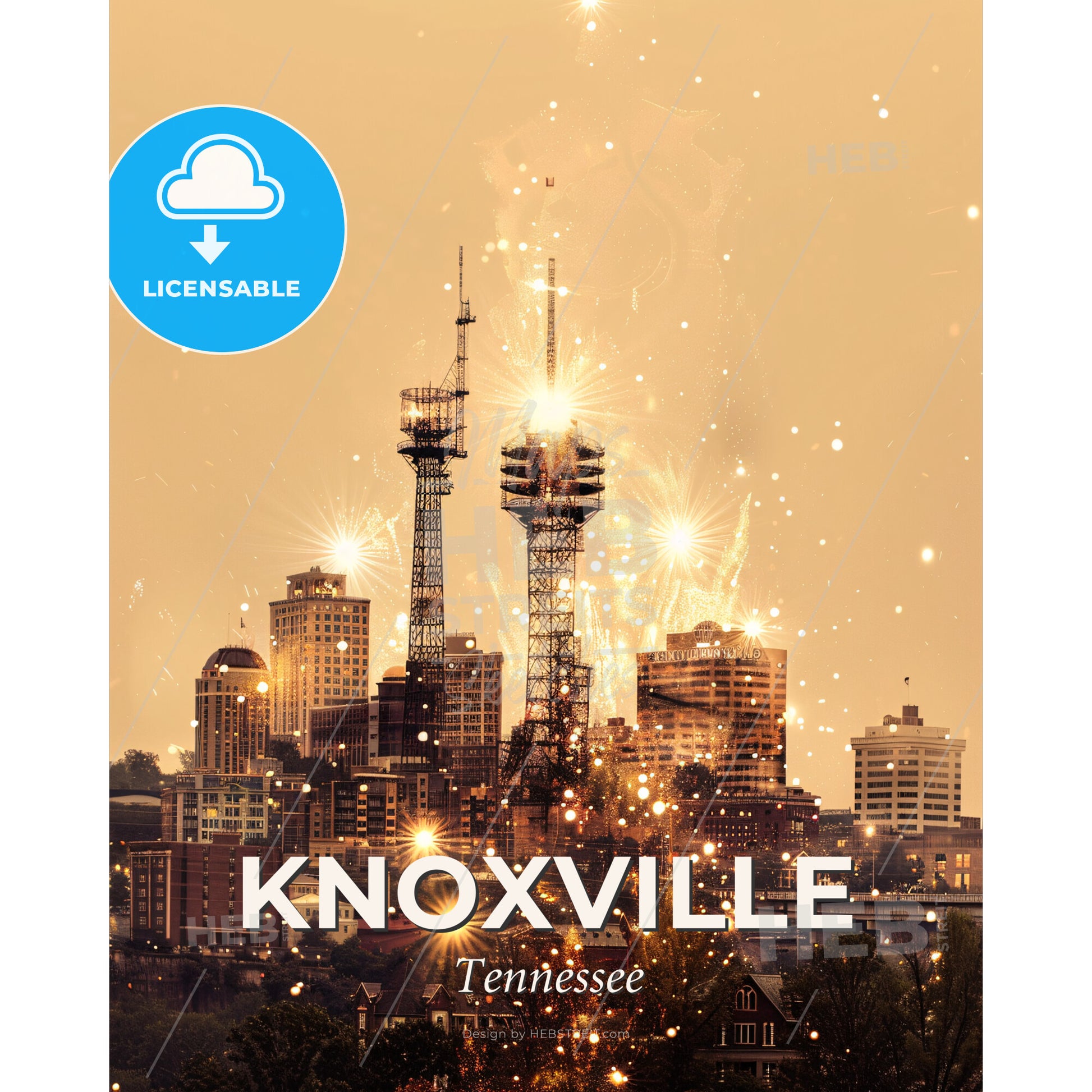 Knoxville Skyline Composite Art: Local Icons with Sparkle - Fireworks over a city - Square format print template