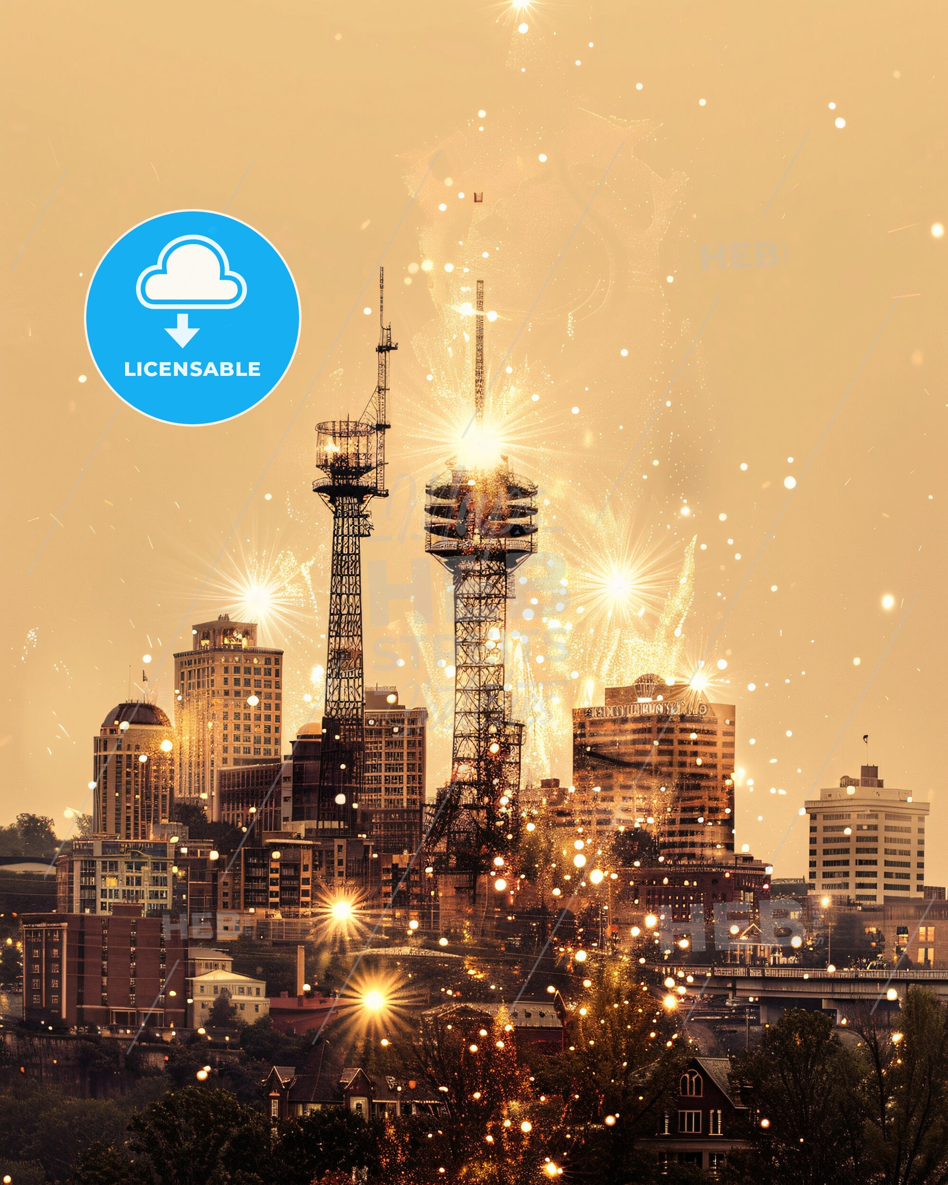 Knoxville Skyline Composite Art: Local Icons with Sparkle - Fireworks over a city