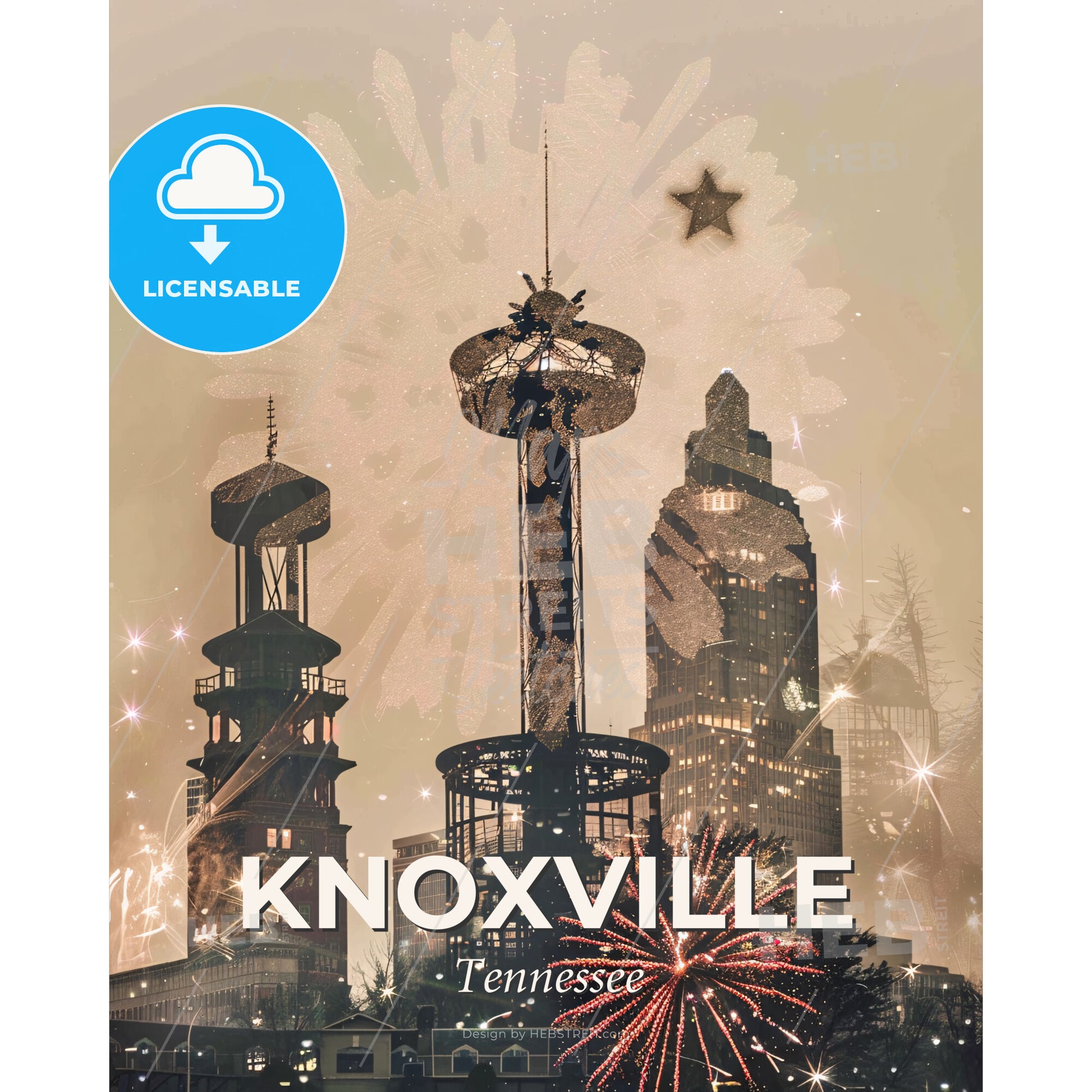 Knoxville City Skyline - Vibrant Double Exposure Art - Fireworks in the sky over a city - Square format print template