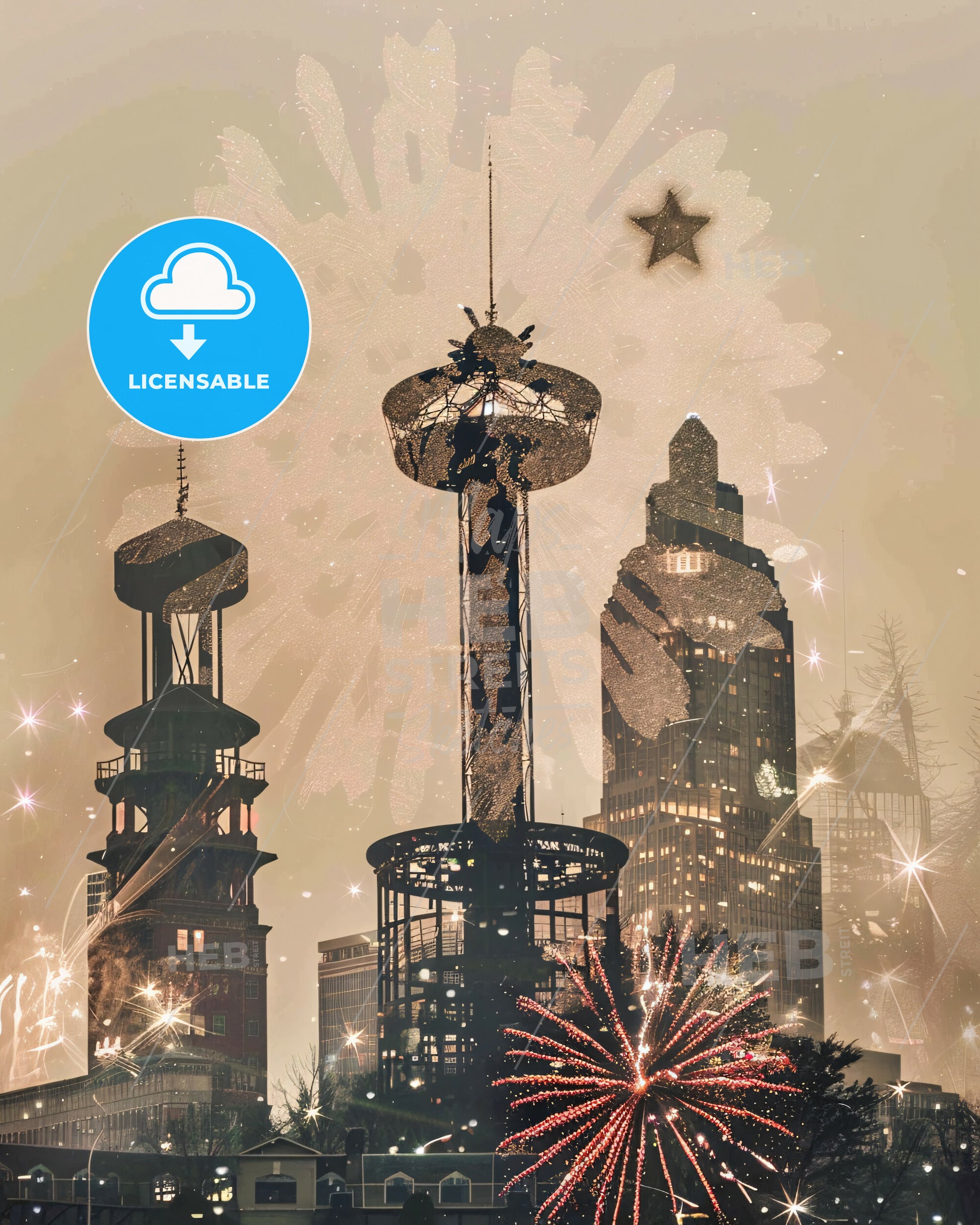 Knoxville City Skyline - Vibrant Double Exposure Art - Fireworks in the sky over a city