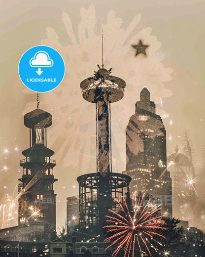 Knoxville City Skyline - Vibrant Double Exposure Art - Fireworks in the sky over a city