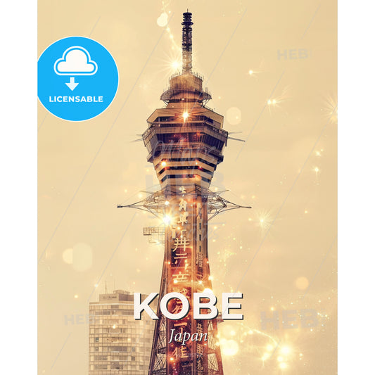Kobe - double exposure skyline art - poster print - A tall tower with lights - Square format print template