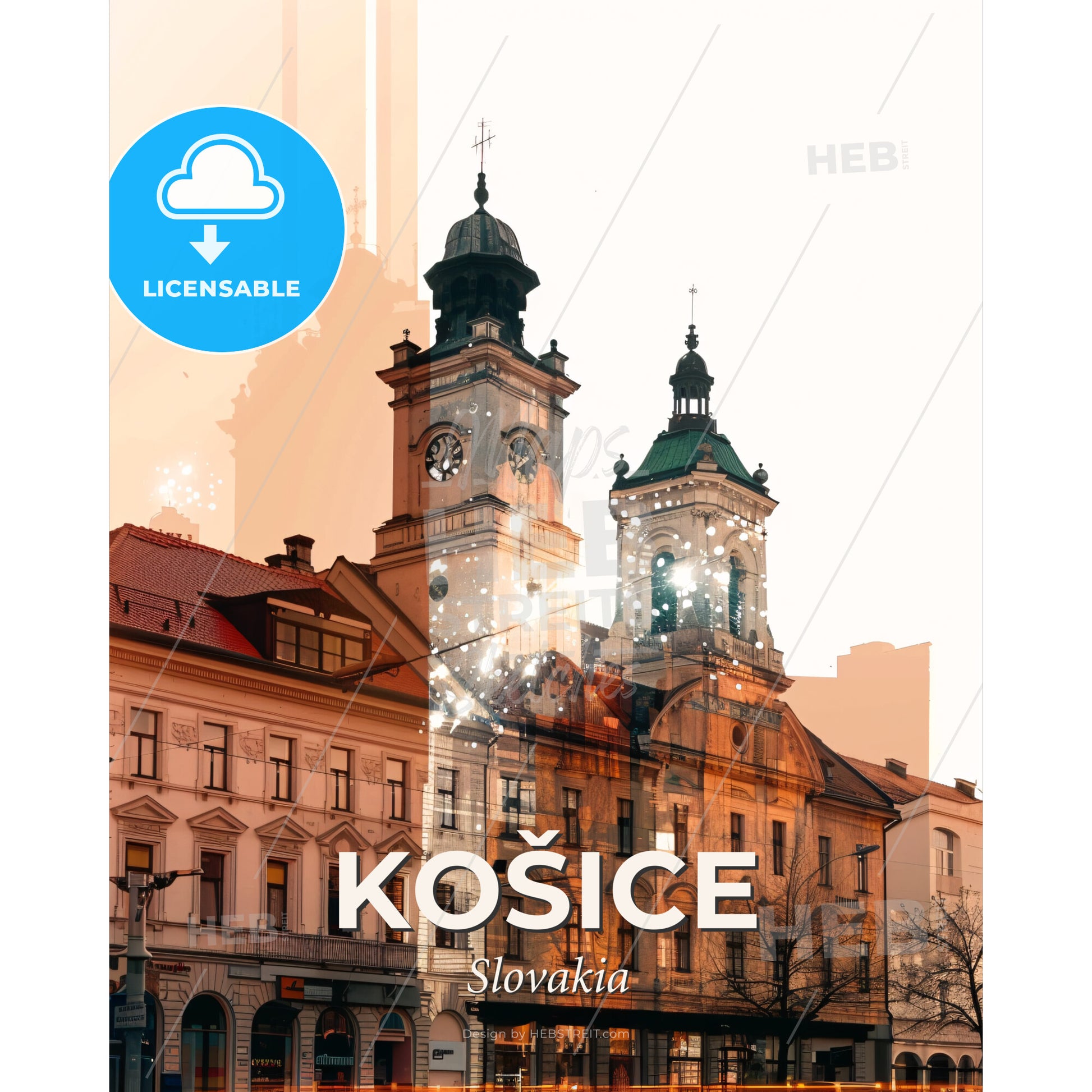 Kosice Skyline Double Exposure Local Colors Poster - A building with a clock tower - Square format print template