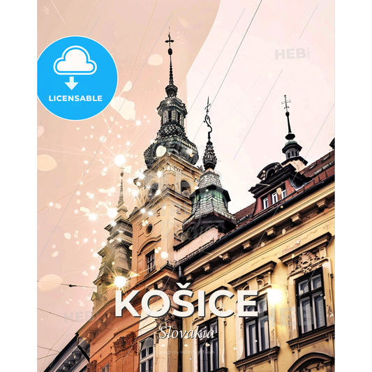 Košice City Skyline Art Poster, Beige - A building with a tower - Square format print template