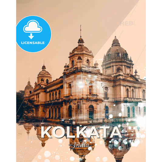 Kolkata Skyline Double Exposure Art Print - A building with a reflection of the water - Square format print template