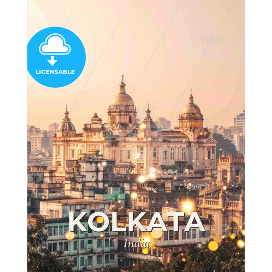 Kolkata Skyline Double Exposure City Lights Glitter - A large building with domes and a city in the background - Square format print template